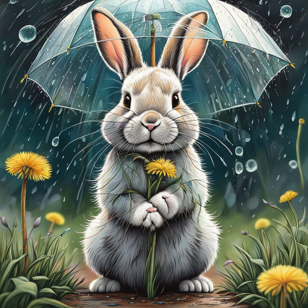 Whimsical Rabbit Takes Shelter from the Rain