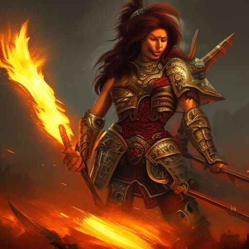 Barbarian Woman Blocks Fire Beam: Fantasy Art