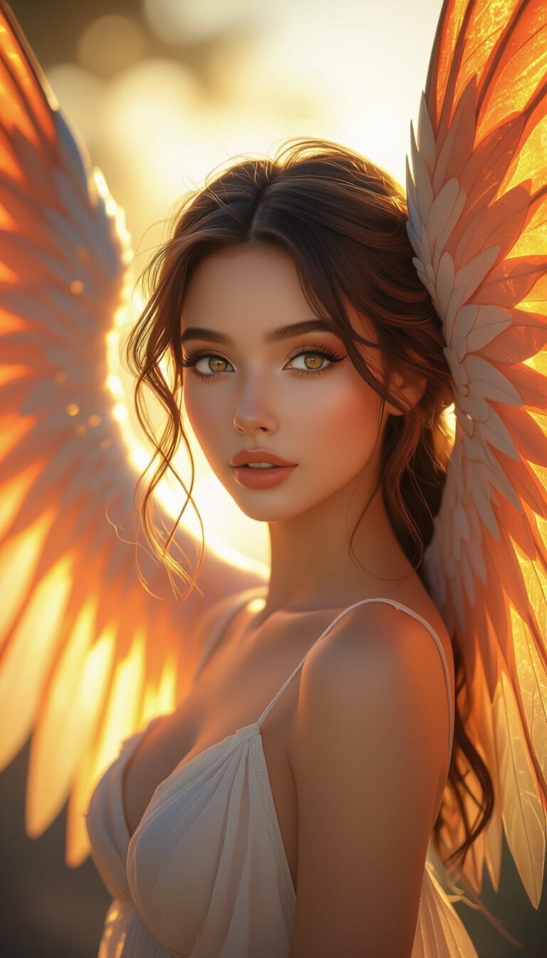 Woman with Fiery Wings in Golden Hour Light