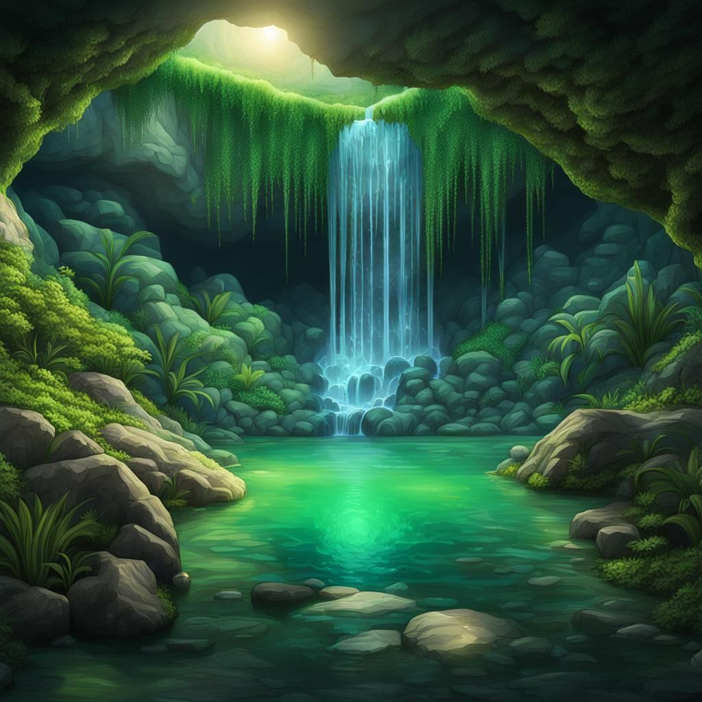 Photorealistic Crystal Waterfall in Firefly Valley