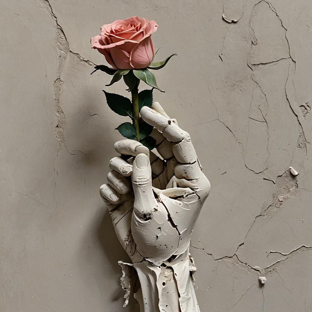 Damaged Rose Held by Plaster Hand Sculpture