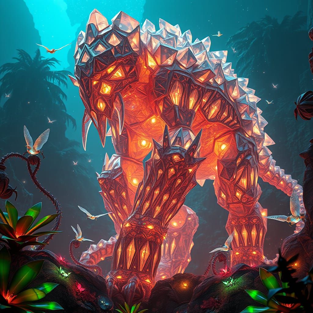 Crystal Golem Emerges in Alien Jungle, Illuminating Luminous...