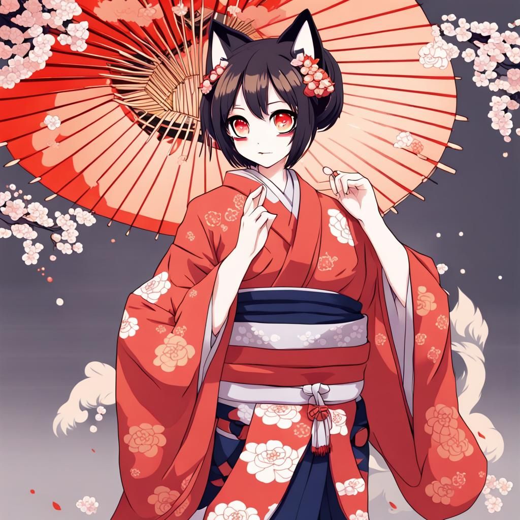 Kitsune Girl in Kimono: Anime Style