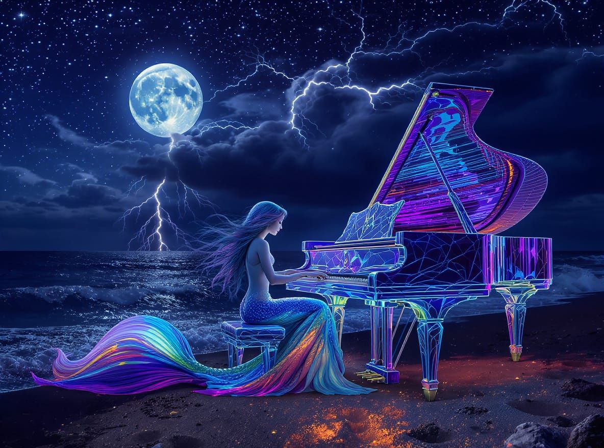 Mermaid Plays Piano on Moonlit Shore During Lightning Storm