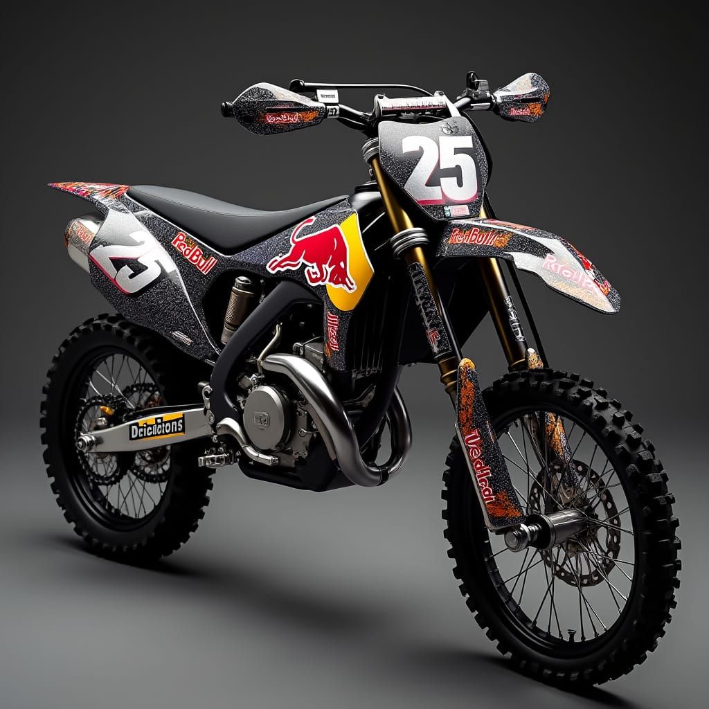 High-Speed Motocross Bike with Holographic Red Bull Graphics