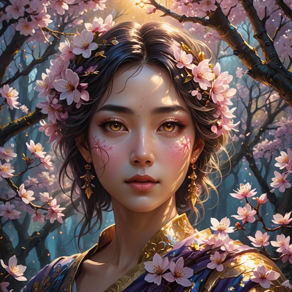 Mystical Forest Face Surrounded by Cherry Blossoms