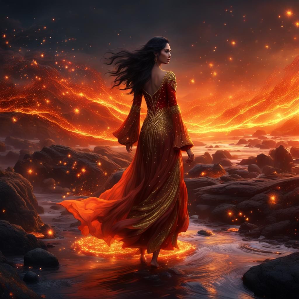 Lava Queen in Ornate Gown, Fantasy Concept Art