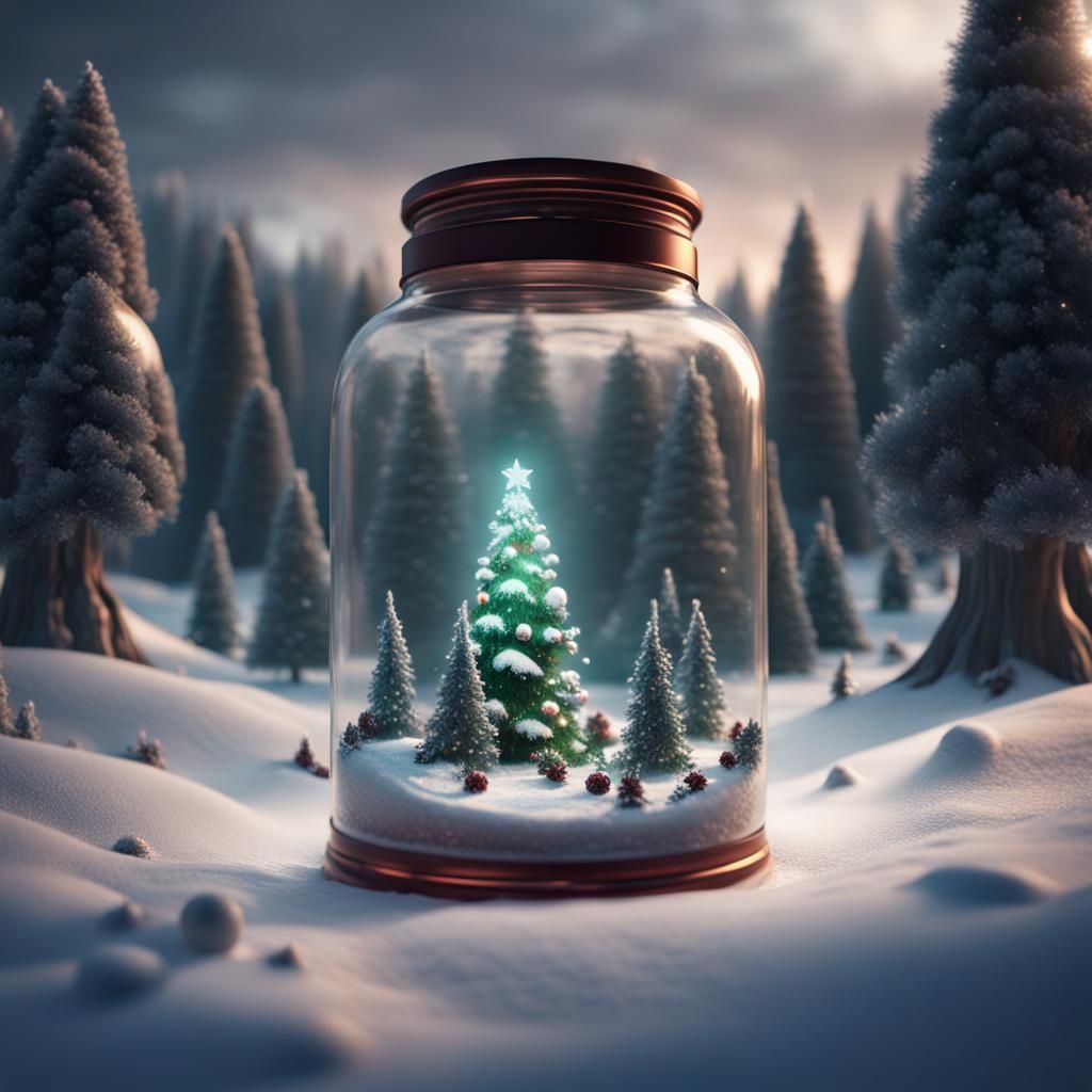 Christmas Tree Farm in Glass Jar: Detailed Matte Painting
