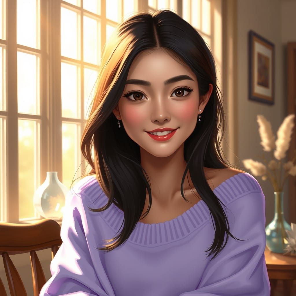 Semi-Realistic Portrait of a Young Woman in a Cozy Room