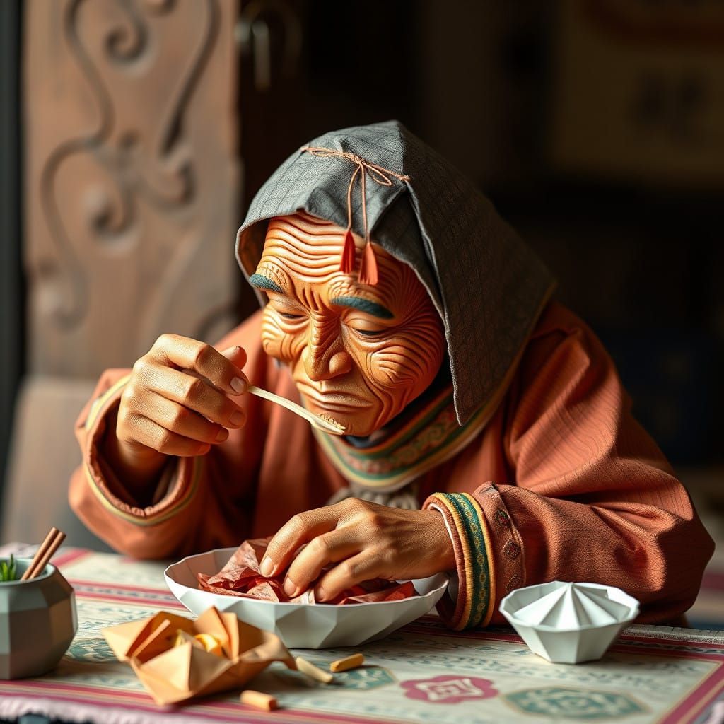 Origami Lady Enjoying Traditional Hilba Dish