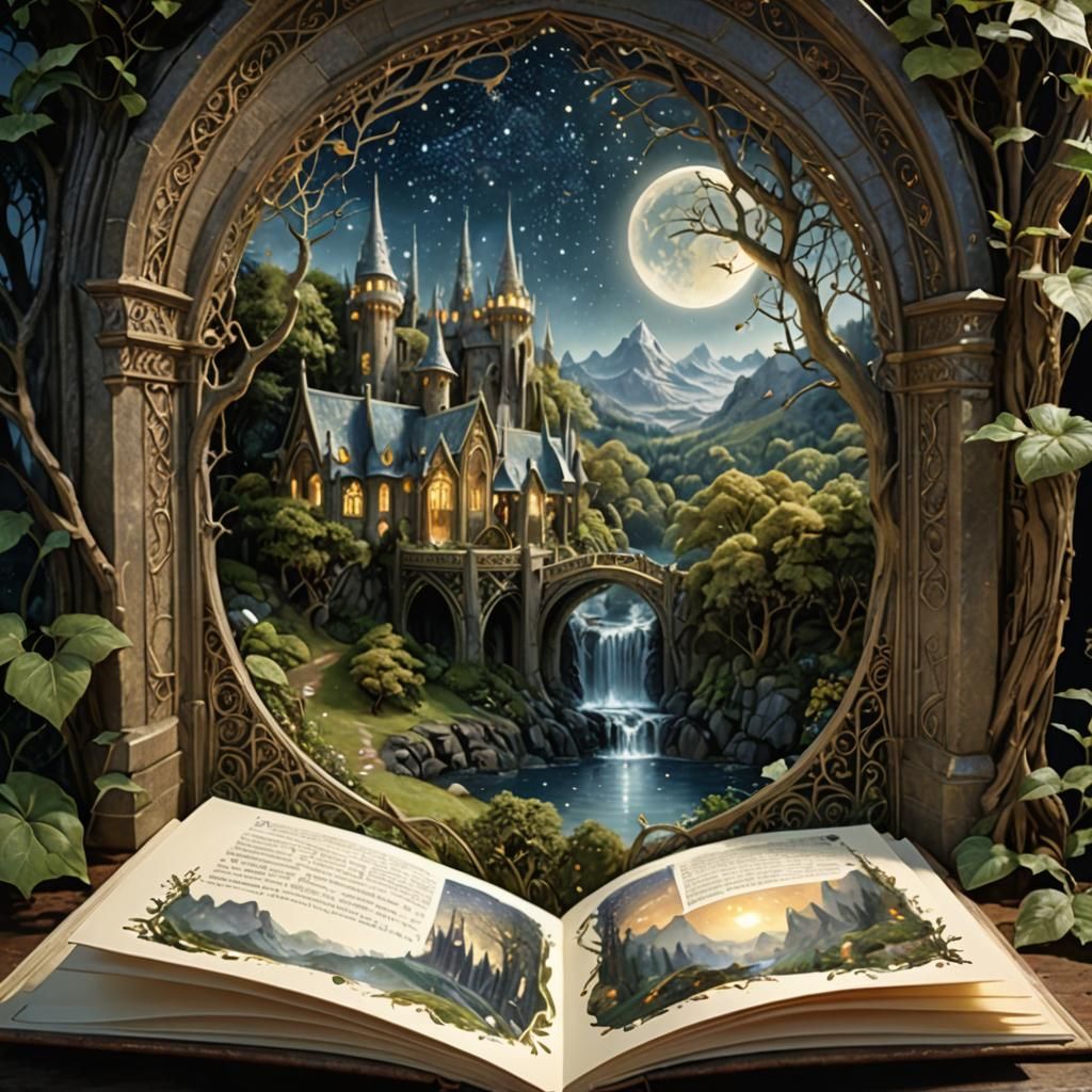 Shimmering Elven Realm Pop-Up Book in Digital Art