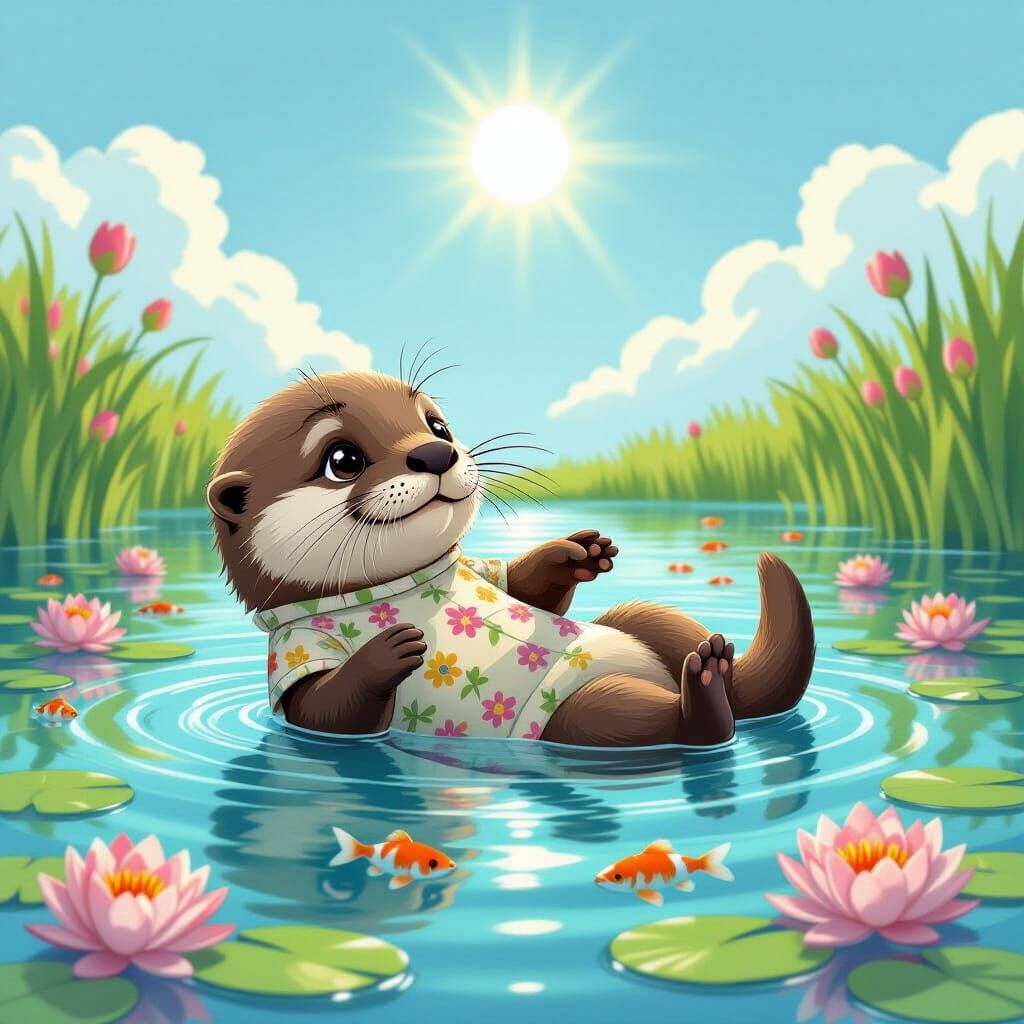 Playful Otter in Pond, Whimsical Illustration
