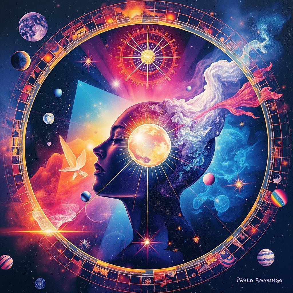 Holographic Astral Cosmic Illustration in Mixed Media