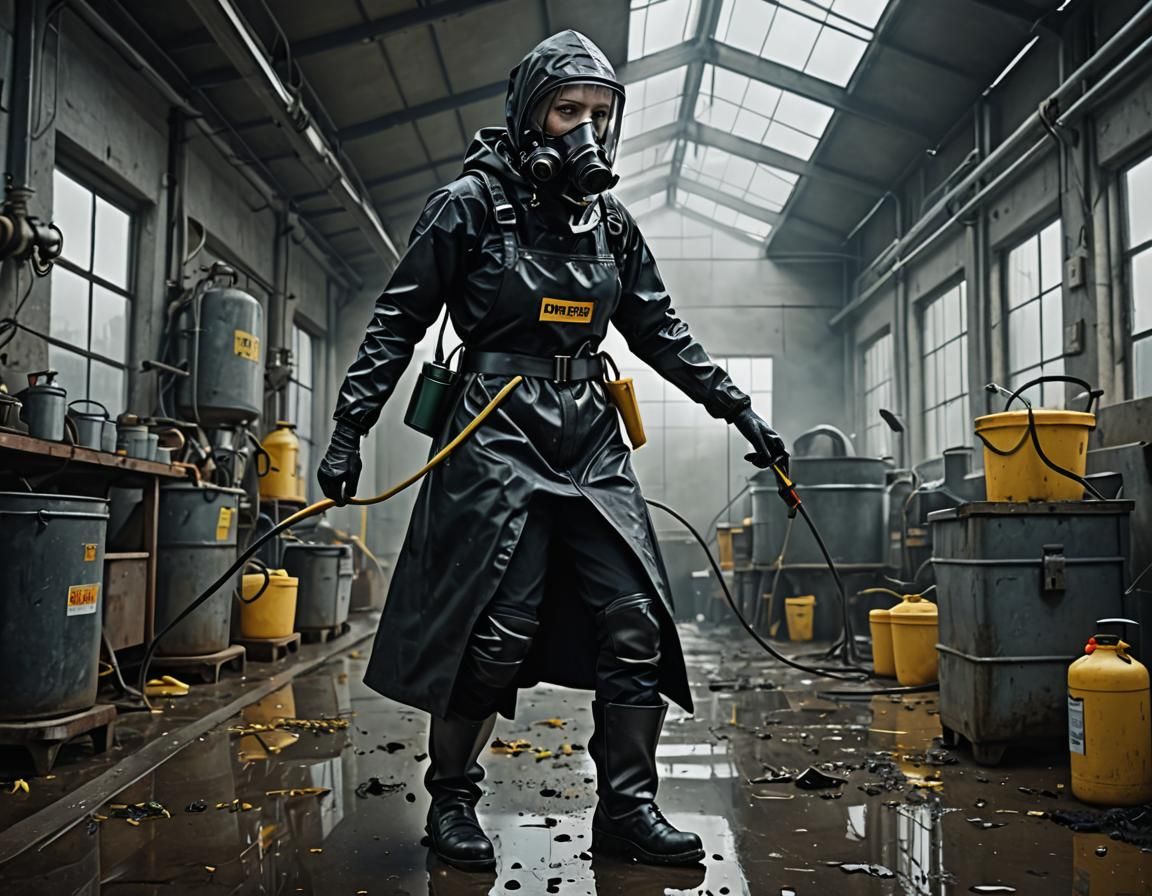 Woman Sprays Pesticides in Modern Building