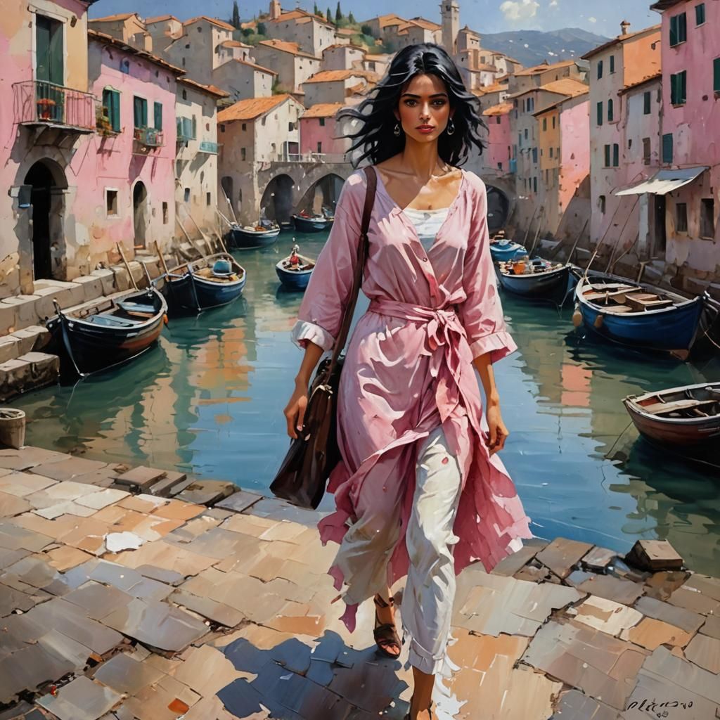 beautiful Italian thin woman walking down the fishing villag...