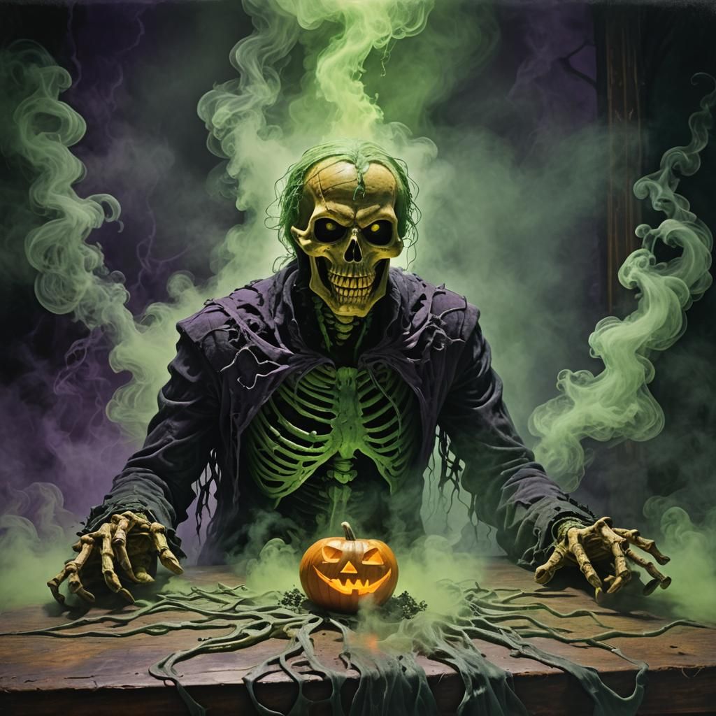 Eerie Jack-o-Lantern with Skeleton Bust in Dark Fantasy