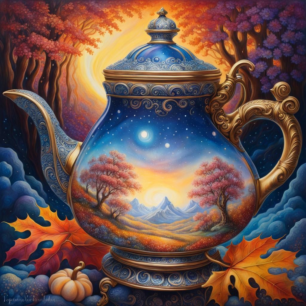 Starlit Autumn Landscape in Crystal Teapot: Fantasy Art
