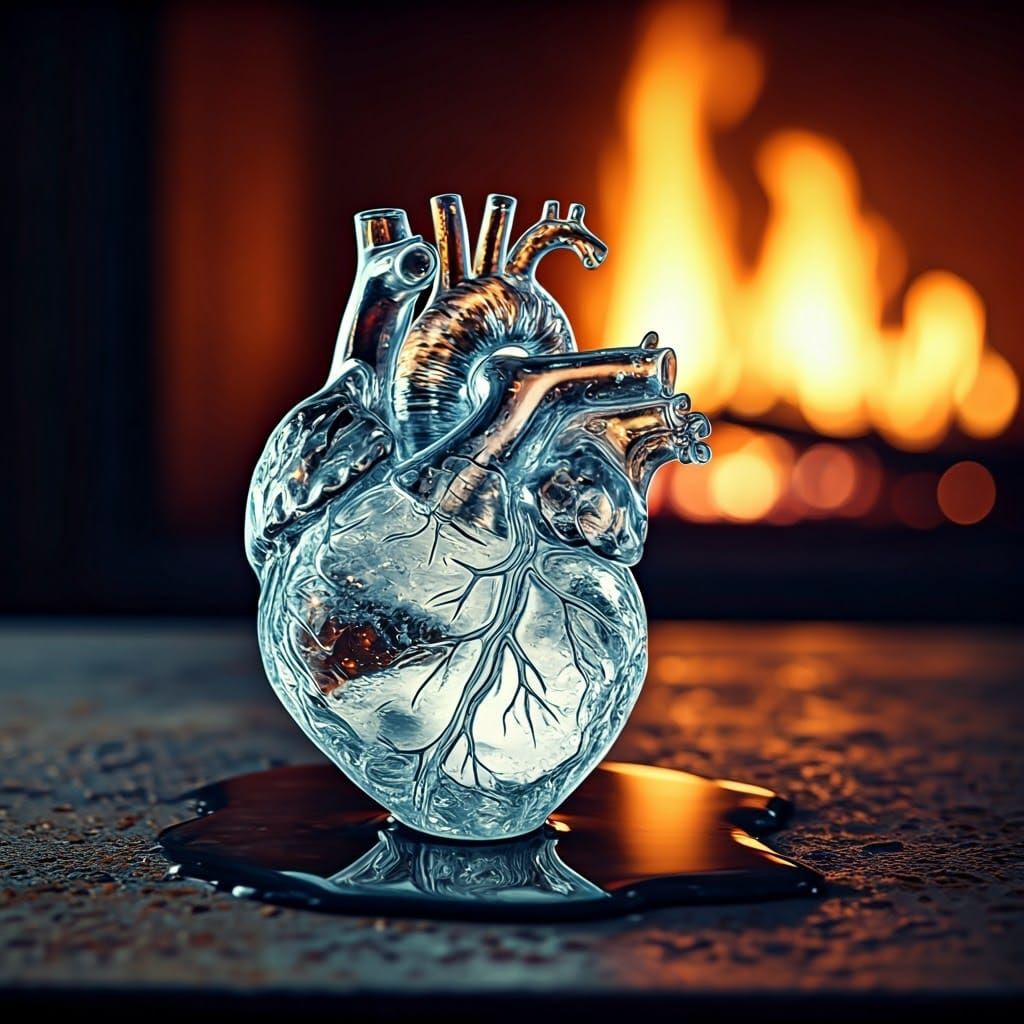 Transparent Ice Crystal Heart on Heated Metal Surface