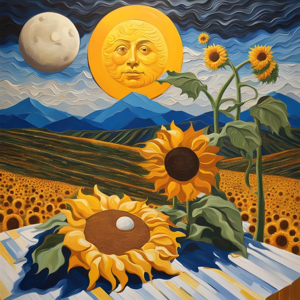 Sunflower Sun and Cheese Moon Surreal Optical Illusion