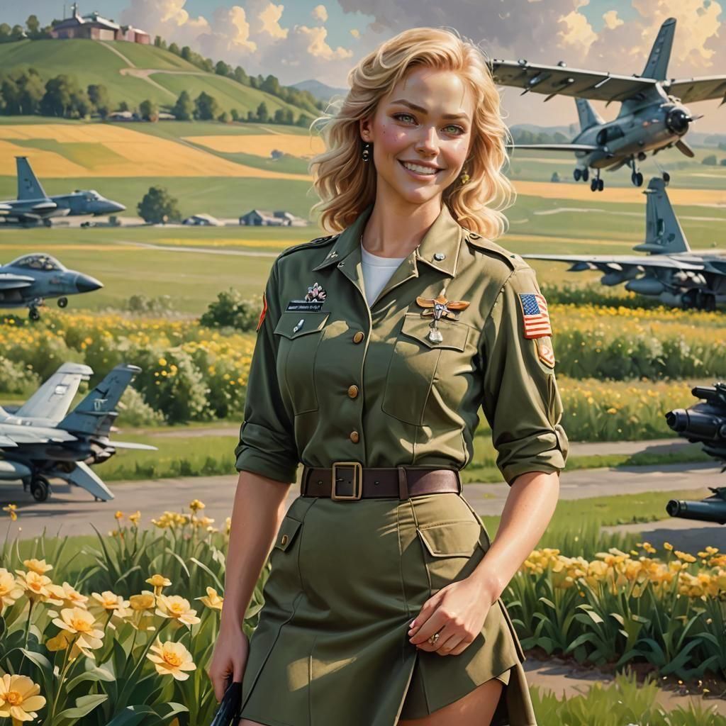 Blonde Woman on Air Base as Hyperrealistic Photograph