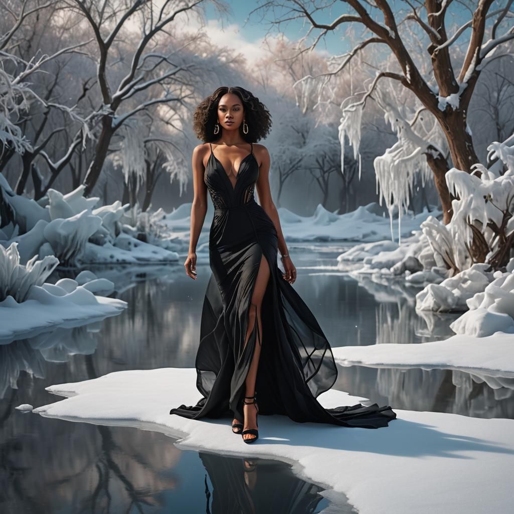 African American Woman in Black Dress on Ice