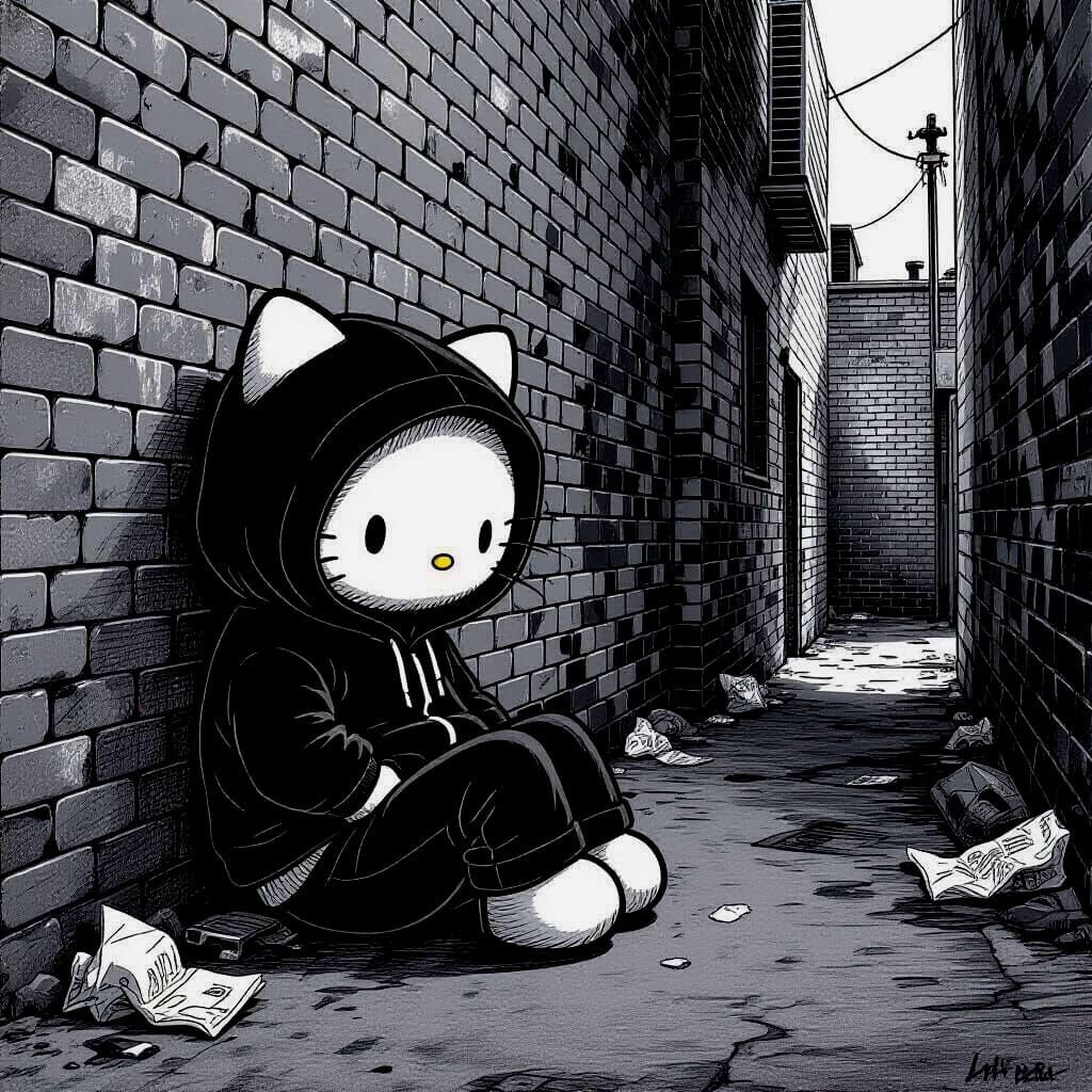 Depressed Hello Kitty Charcoal Drawing