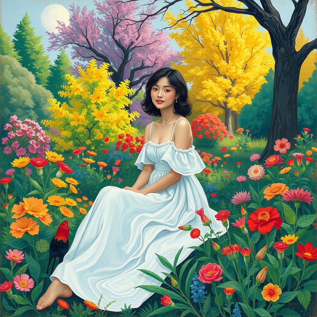 Woman in Lush Garden, Post-Impressionist Style