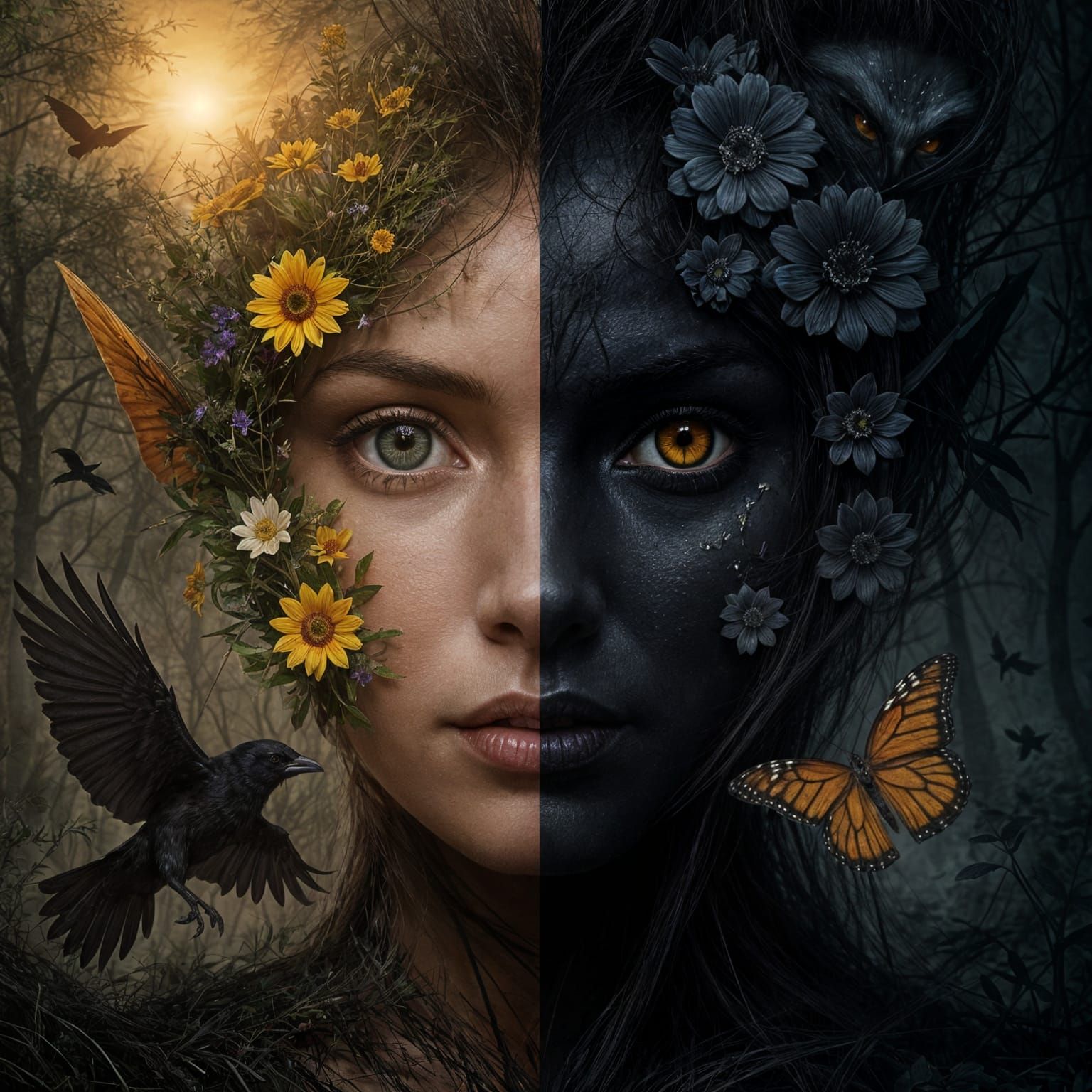 Dual-Faced Elf: Dark Forest Meets Sunny Meadow