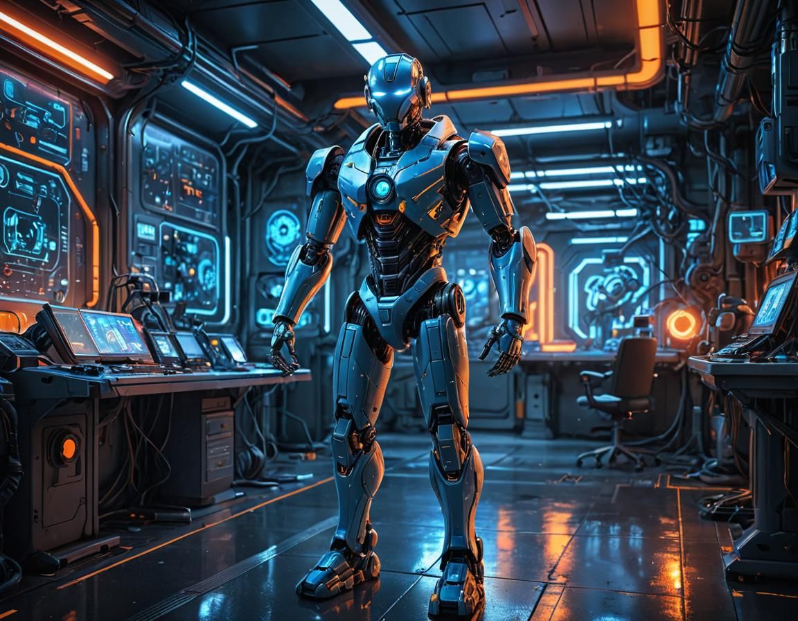 Futuristic Robot Action Figure in Sci-Fi Lab