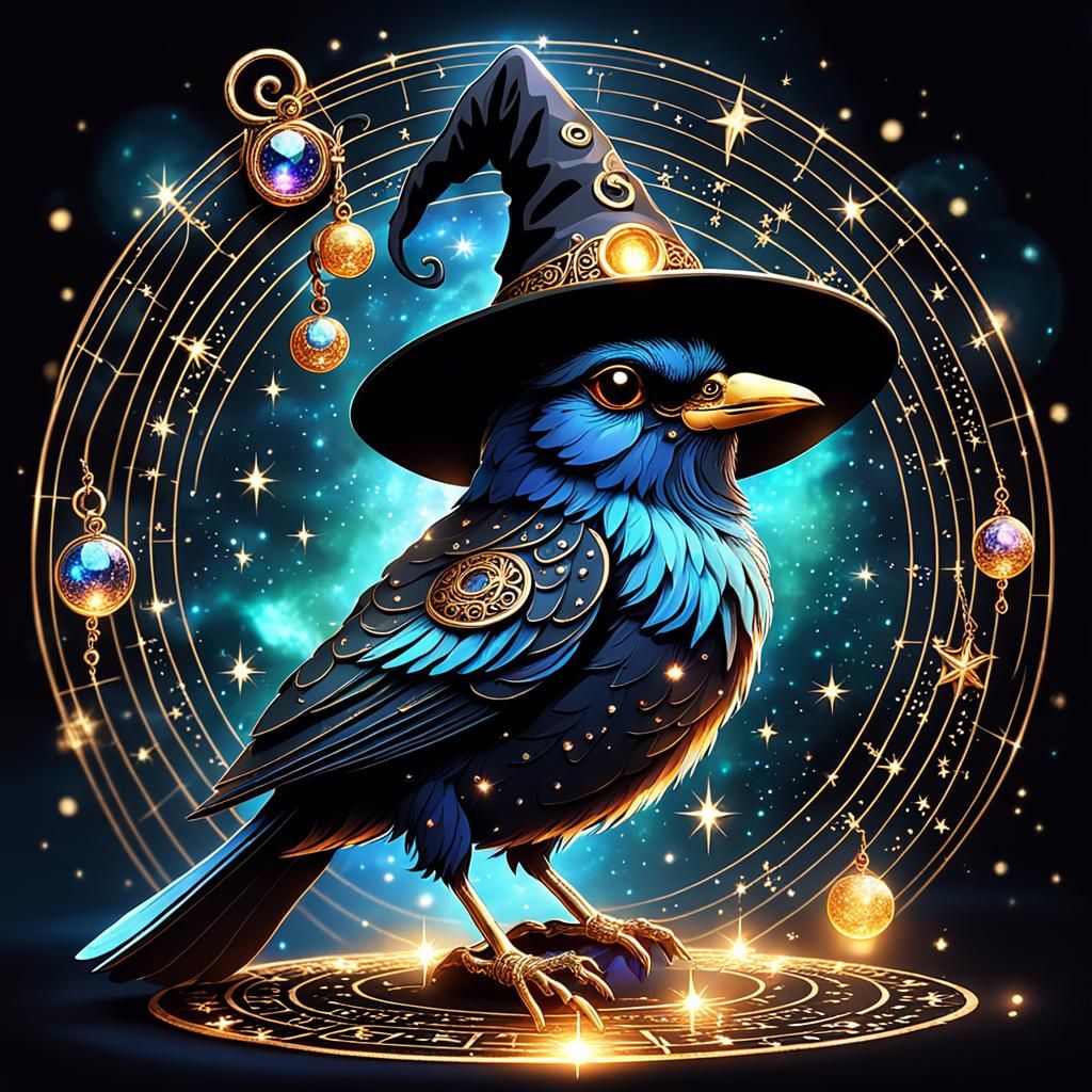 Mystical Raven with Witch Hat in Occult Scene