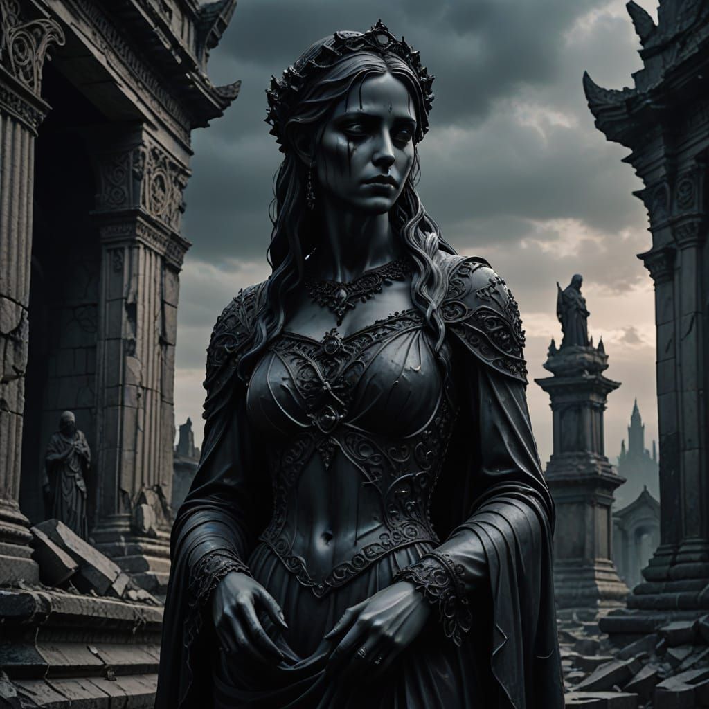 Dark Fantasy Statue Weeping Tears in Ruined Gothic Landscape