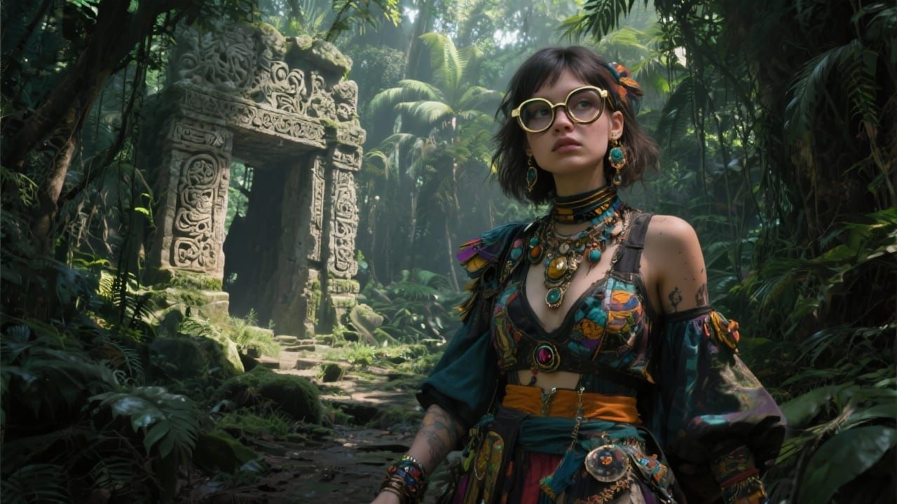 Woman in Vintage Glasses Explores Jungle Ruins