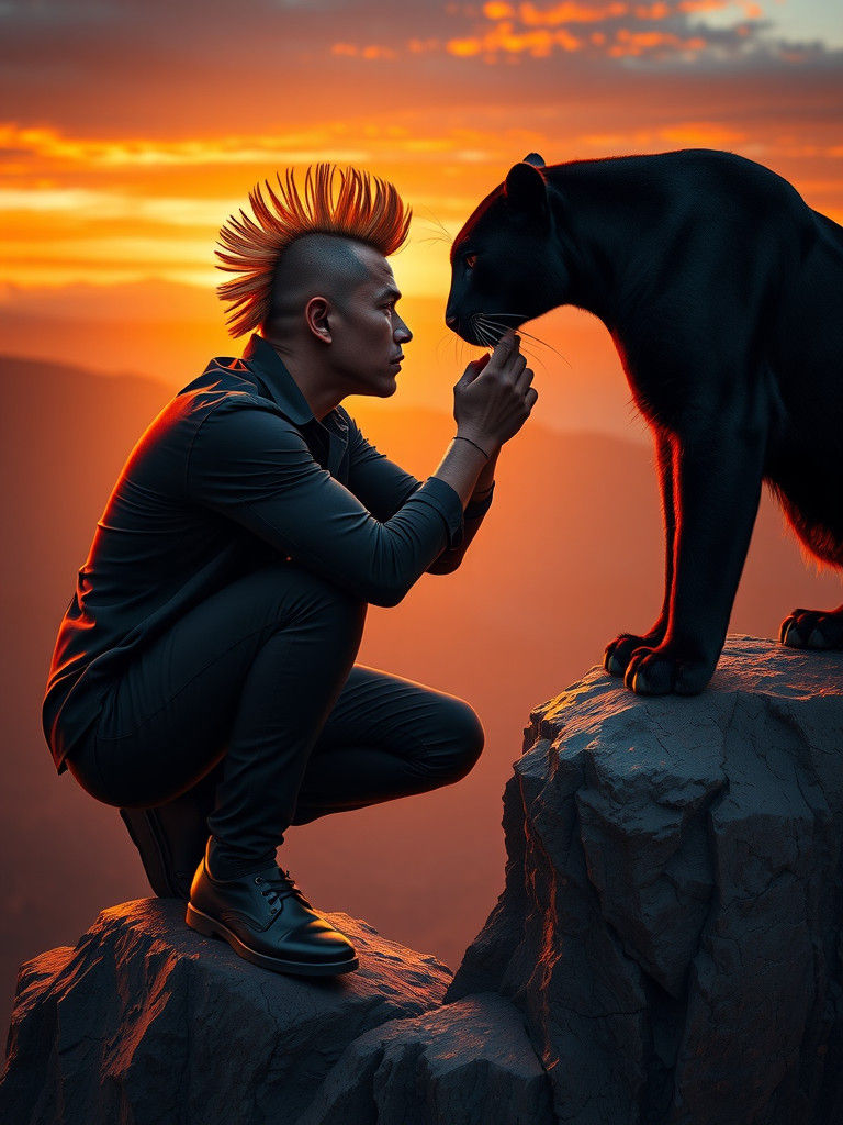 Indonesian Man and Panther at Sunset, Futuristic Realism