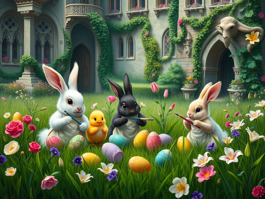 Easter Bunnies Painting Eggs in Whimsical Meadow