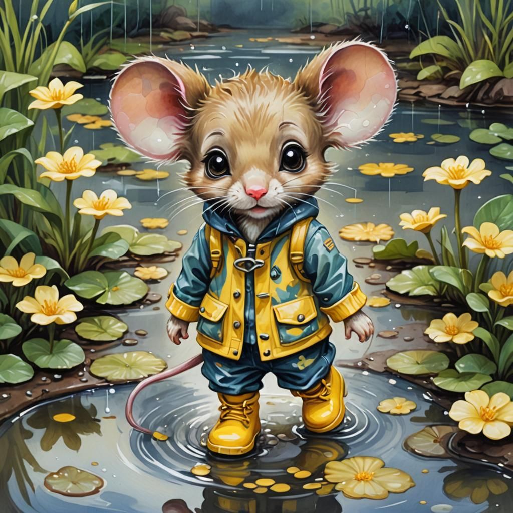 Chibi Mouse in Rainboots: Gouache-Style Impressionist Art