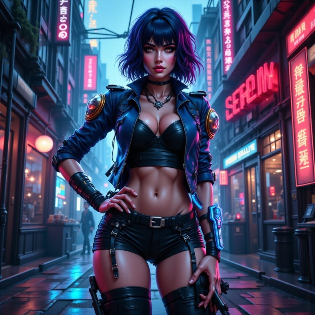 Cyberpunk Waifu Navy Officer in Neon Alley
