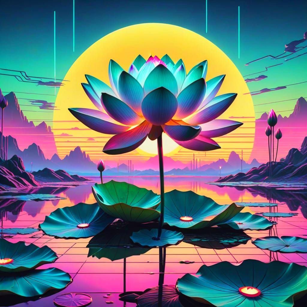 Cyberpunk Lotus Flower in Neon Sunrise Landscape