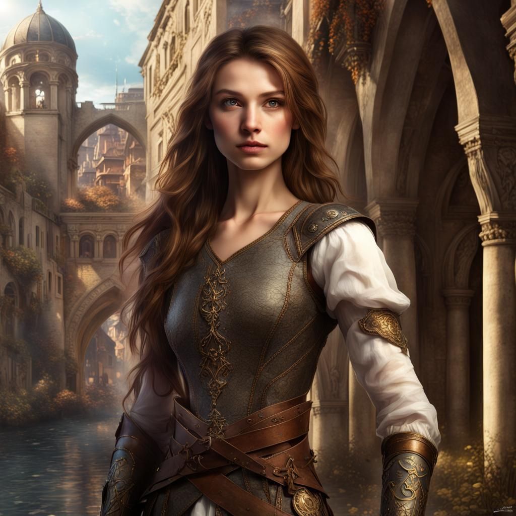 Aasimar Rogue in Renaissance City, Detailed Matte Painting