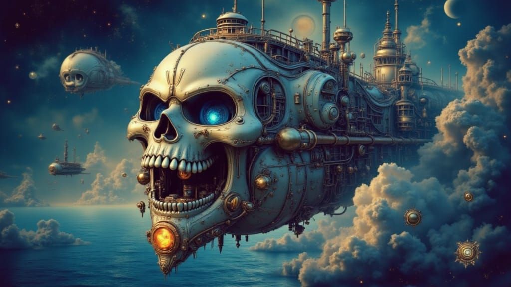 Steampunk Pirate Ship in Vibrant Sky
