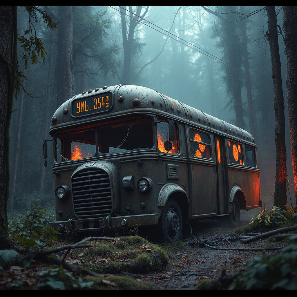 Humanoid Bus in Overgrown Forest: Fantasy Concept Art