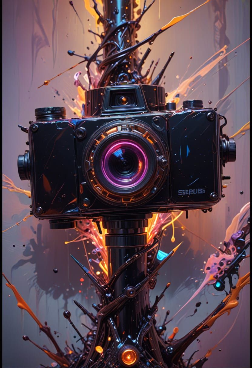 Surreal Portrait with Spy Camera in Neon Landscape