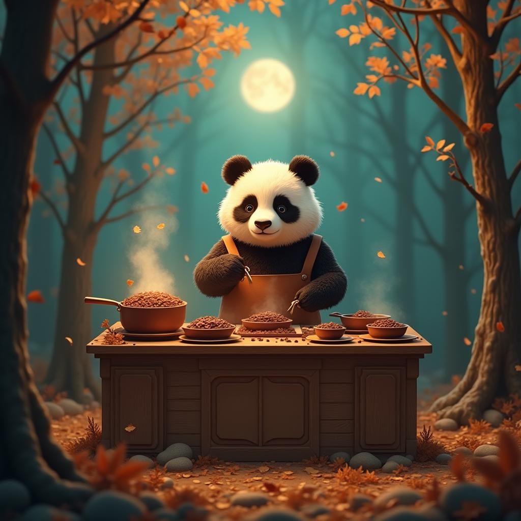 Panda Chef Cooking Fudgecakes in Mystical Autumn Forest