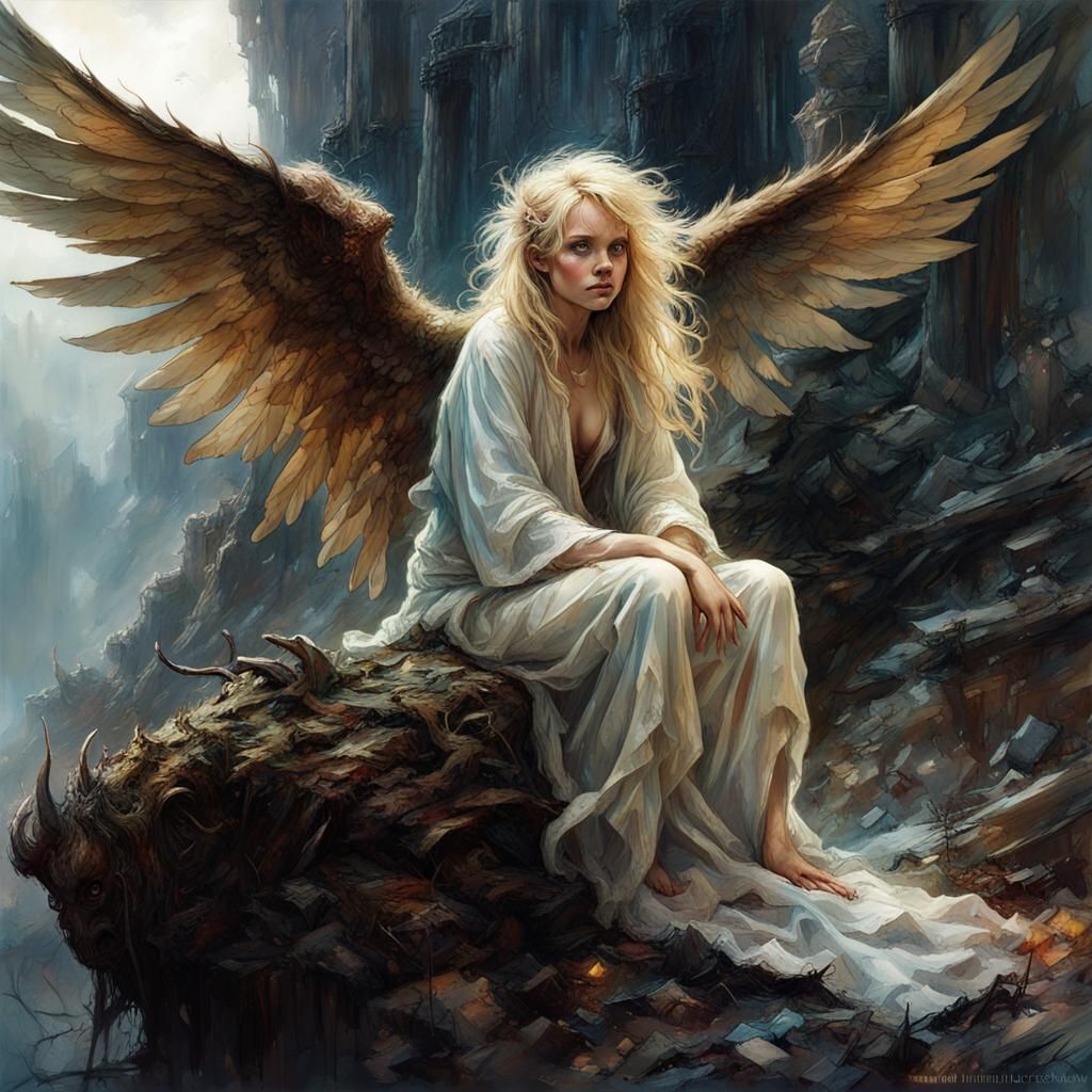Fallen Angel in a Detailed Fantasy Landscape