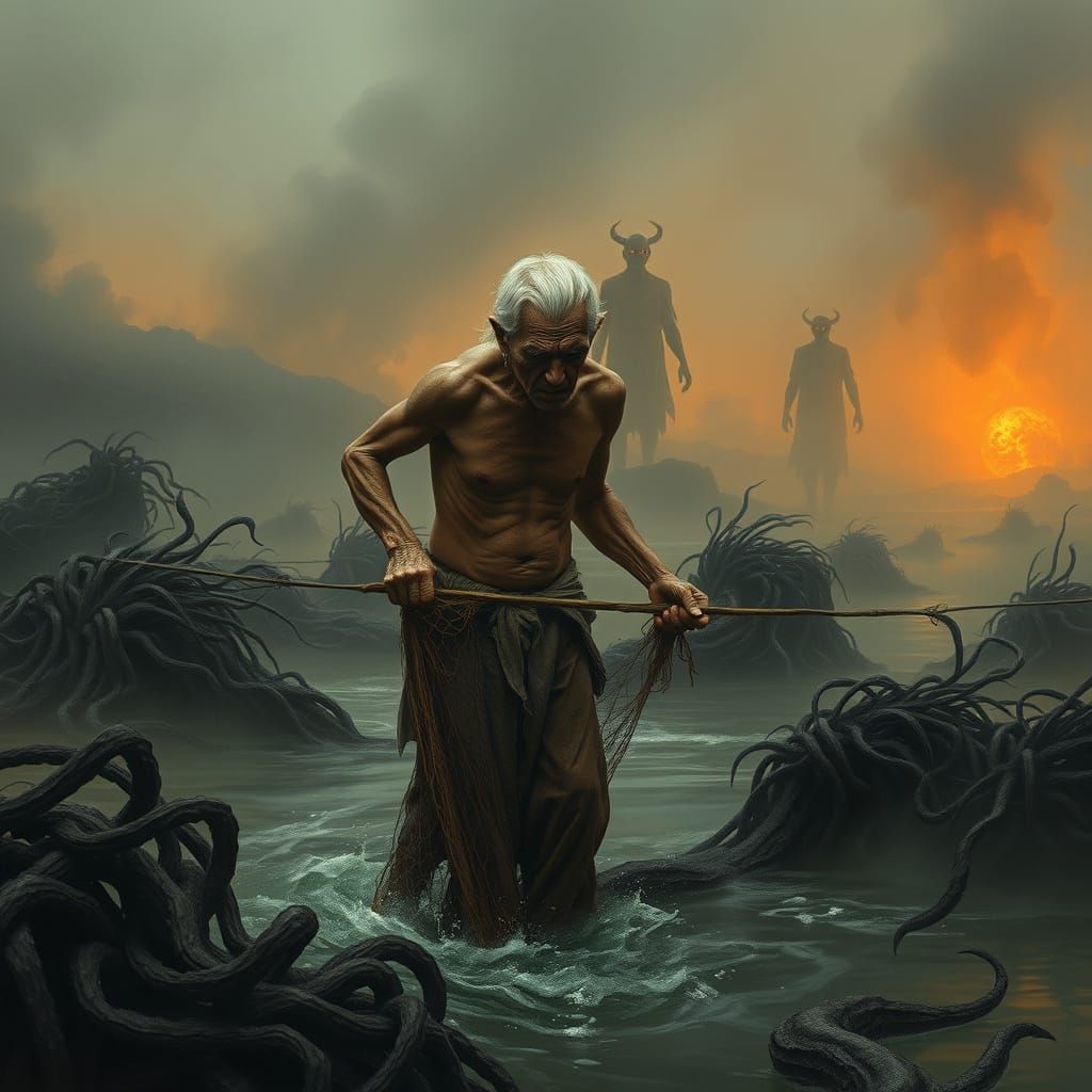 Elderly Fisherman in a Haunting, Smoky Volcanic Landscape