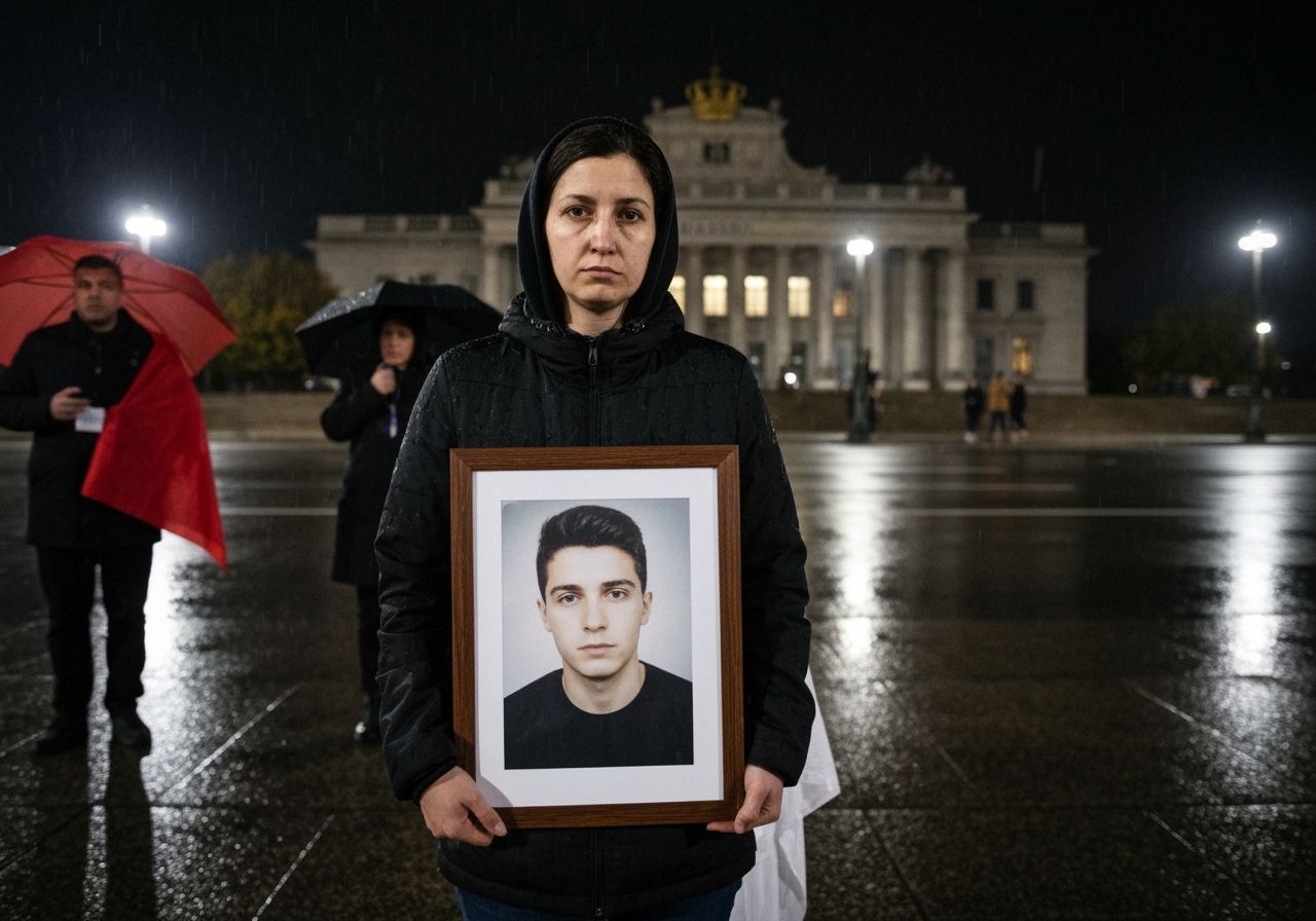 Sad Woman Hunger Striking in Belgrade Rain