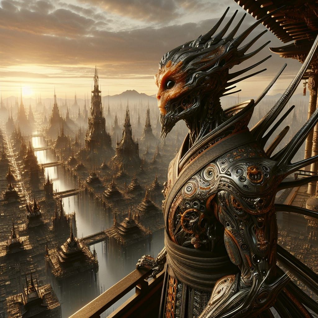 Alien Samurai Overlooks Futuristic Metropolis in Digital Mat...