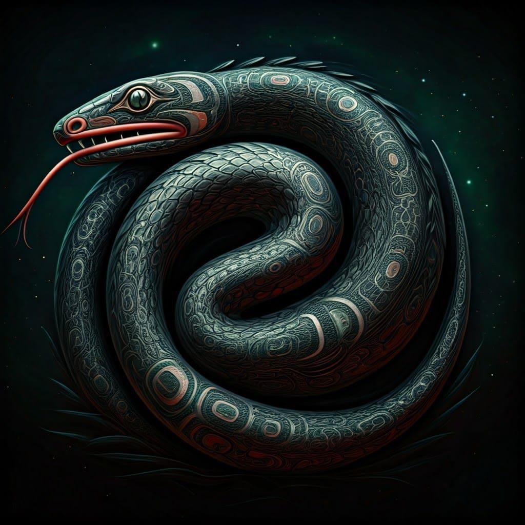 A Black, white, Green and vermilion snake in Haida style