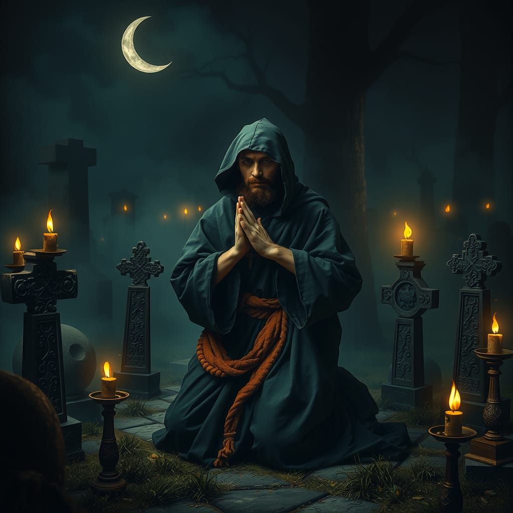 Medieval Priest Praying in Graveyard at Night