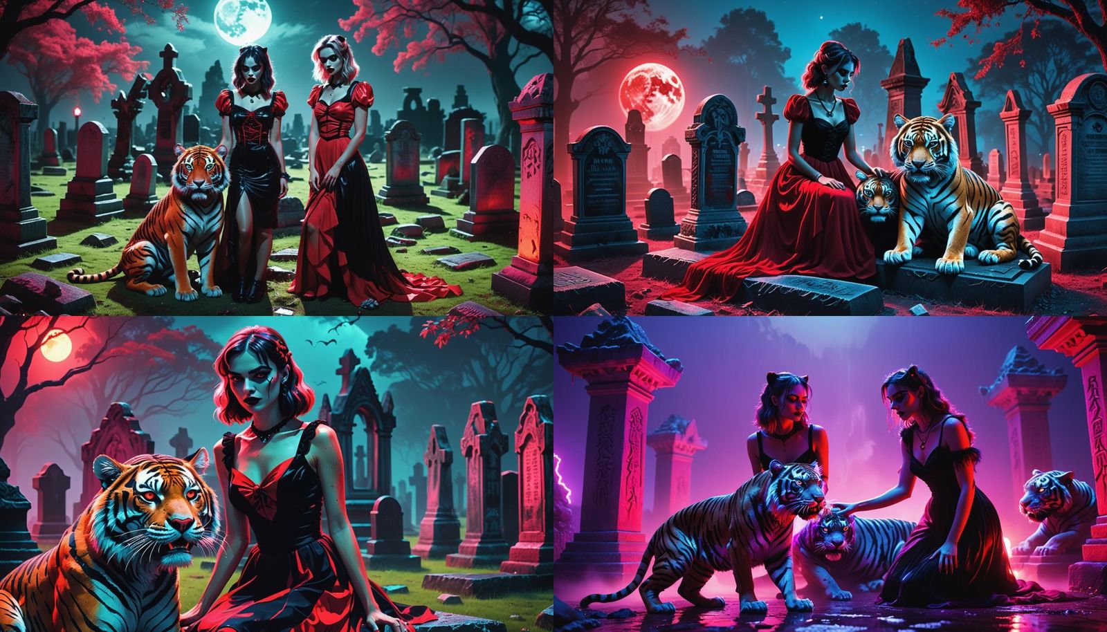 Vampire Woman and Tiger in Synthwave Graveyard