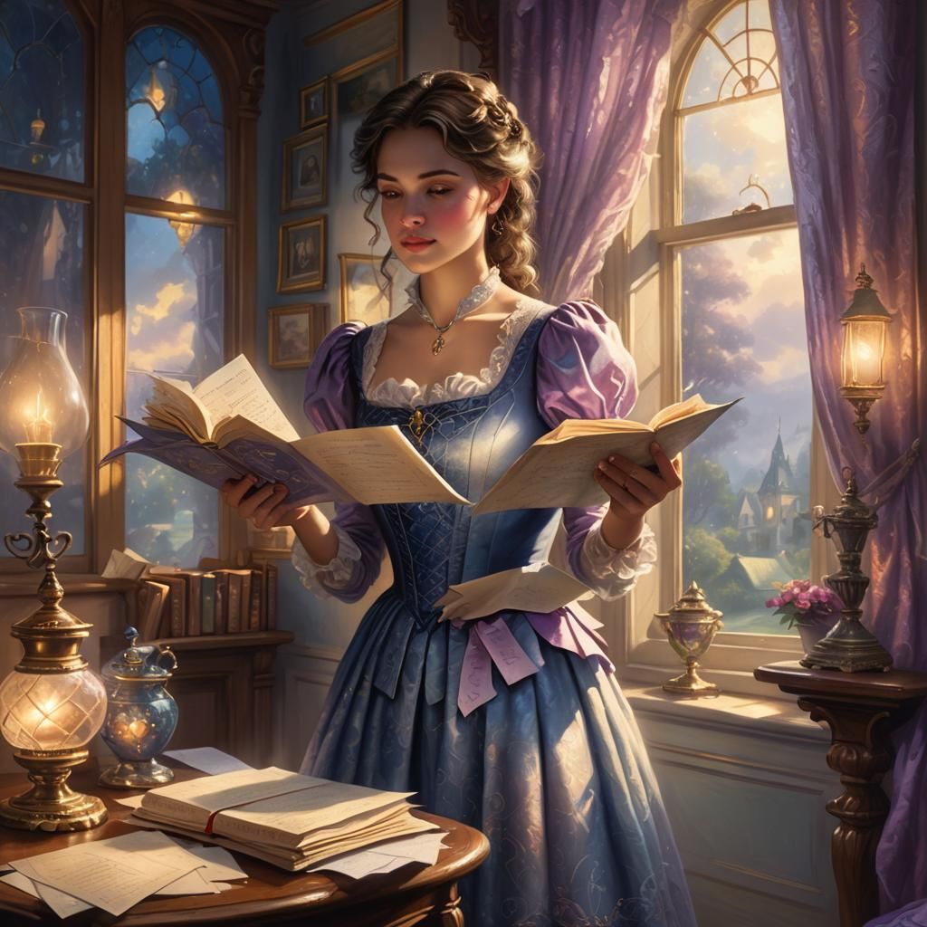 Victorian Girl with Love Letters in Ethereal Lighting